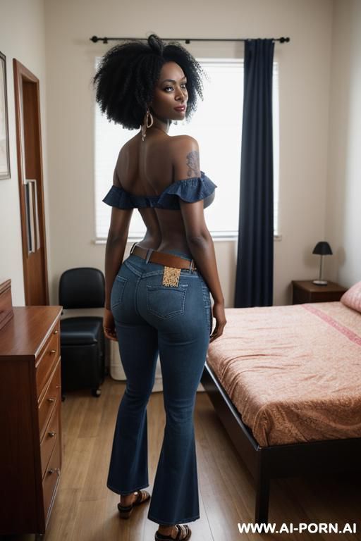 ebony, vintage flared blue jeans, no pockets, tight ass, red belt, oxford shoes, afro hair, back tattoo - #main