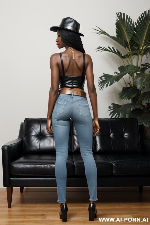 ebony, sexy ass, vintage blue jeans, golden belt, oxford shoes, form leather cap - #main