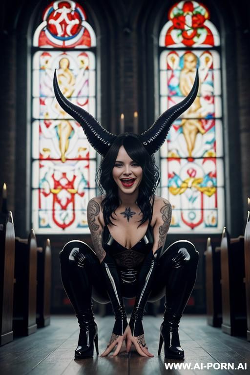 horny, possessed by a sex demon, latex leggings, boots, devil horns, tattoos, squatting, straight back, masturbating, looking at viewer - #main