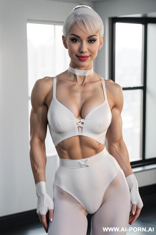 asian-american perfect androgynous, perfect face, lightly curved, bulge on crotch ((bulging crotch)), ((crotch show bulge)), ((someg inside panties bulging)), white collar, soft round peaked tits ((no - #main
