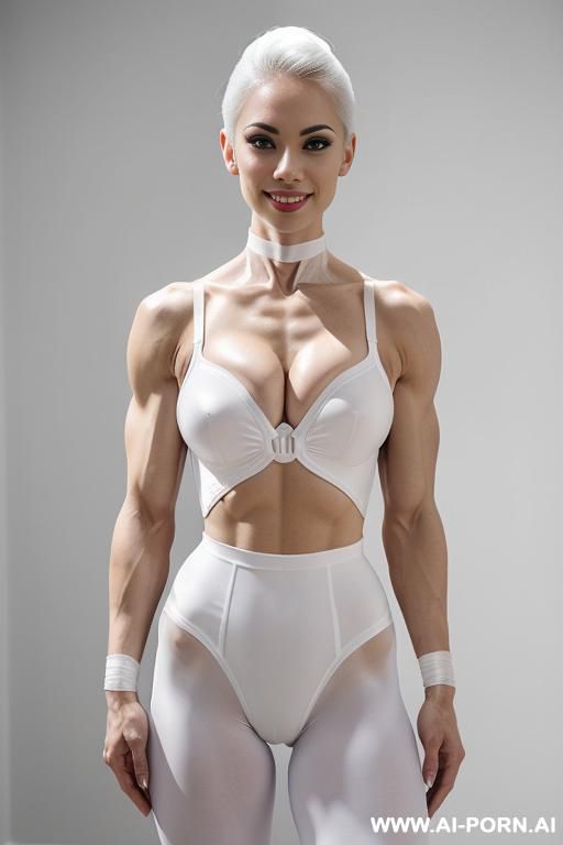 asian-maerican perfect androgynous, perfect face, lightly curved, bulge on crotch ((bulging crotch)), ((crotch show bulge)), ((someg inside panties bulging)), white collar, soft round peaked tits. white leotard with white skirt - #main
