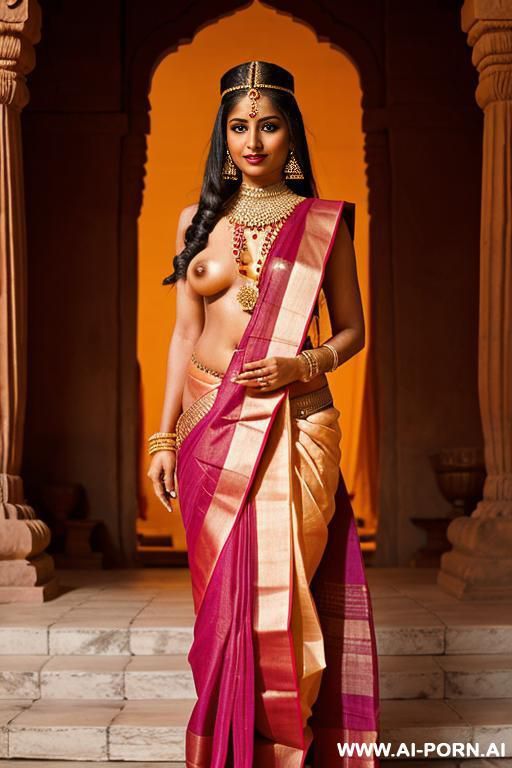 ancient indian full naked female servant with shaved vagina is presented by an ancient indian queen in a traditional sari - #main