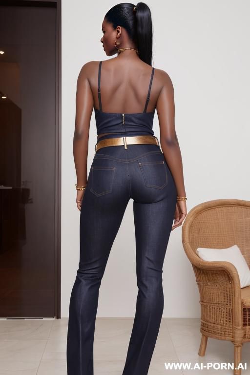 ebony, bootcut blue jeans, round ass, golden belt, oxford shoes - #main