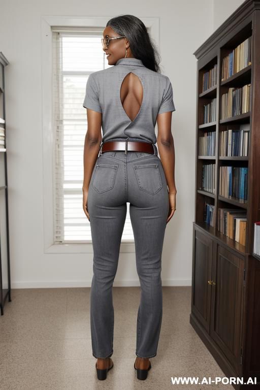 ebony mature, dark blue mom jeans, golden belt, fine ass, oxford shoes, from behind - #main