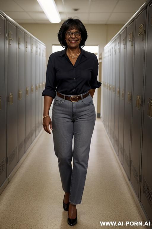 ebony granny, dark blue mom jeans, golden belt, fine ass, oxford shoes - #main