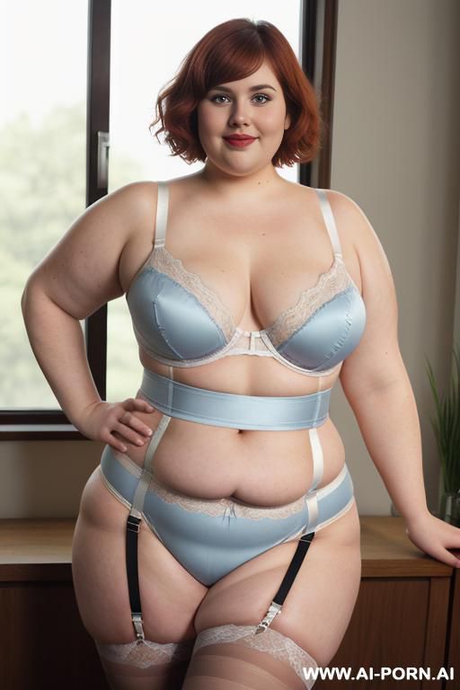 white woman, rotund body, huge, supermodel, pear shaped, lovehandless, (obese), tummy, short hair, huge legs, massive hips, high rise (garter belt stockings), eye contact, huge arms - #main