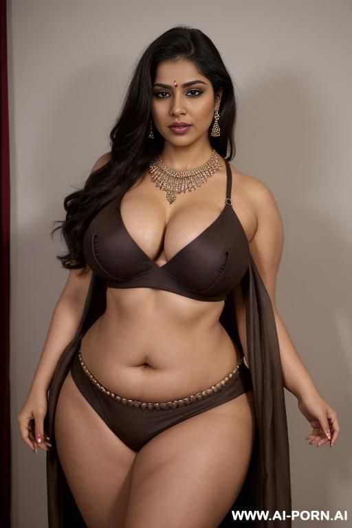 flashing boobs, croptop under a dark brown sari, ((high quality)), ((firm round breasts)), ((necklace)), ((seductive face)), ((wide hips)), (thick thighs) - #main
