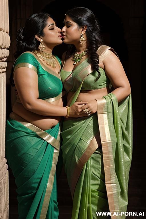ancient indian chubby queen in a green saree is kissing a dull naked comolete naked total naked indian chubby female servant with shaved vagina under the moon - #main