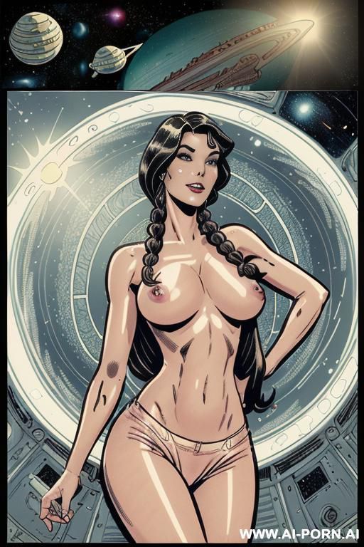 ((((image comic-drawing cartoon style)))) down level shot boobs in closedup ((((sky landscape bright sun)))) ((((in the space ship)))) ((((seductive gaze)))) pretty italian sci-fi woman full lips smile - #main