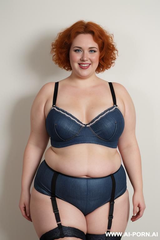half body photo shot close up. white woman, rotund body, huge, supermodel, pear shaped, lovehandless, obese, tummy, short hair, huge legs, massive hips, high rise (garter belt stockings), eye contact, huge arms - #main