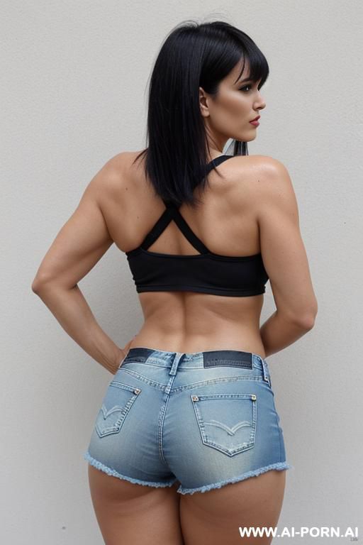 (from the back) (looking at the camera) (extreme side cut out denim hot shorts) - #main