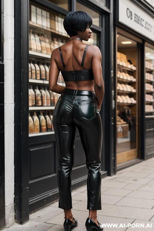 mature ebony, vintage brown leather pants, pear form ass, oxford shoes, green belt - #main