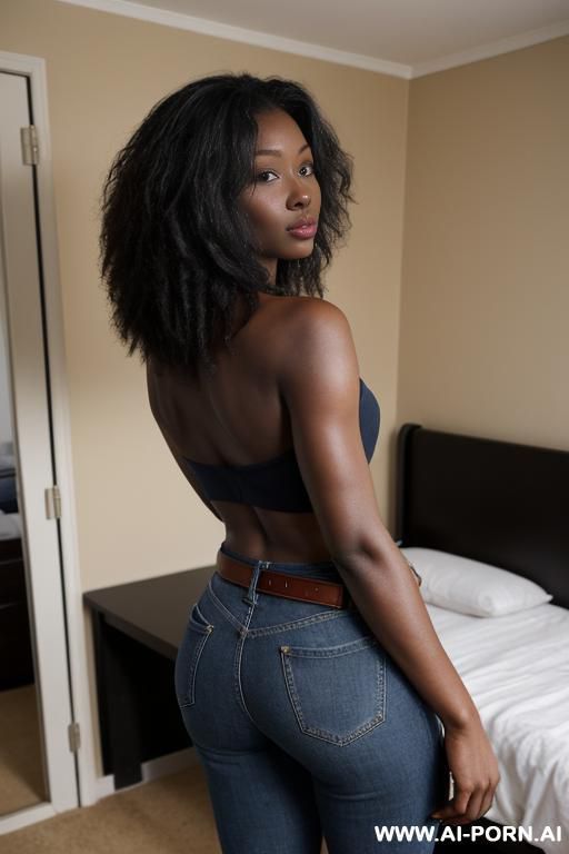 ebony, vintage dark-blue mom jeans, round ass, golden belt, clogs, full body - #main