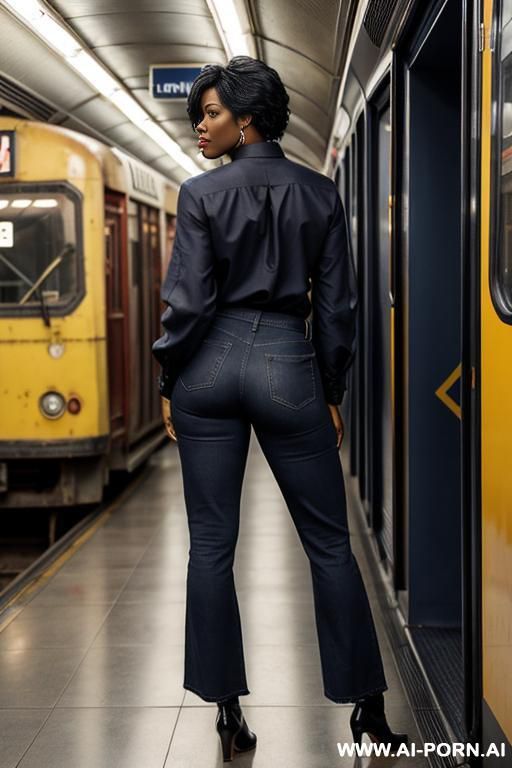 ebony mature woman, vintage dark- blue mom jeans, pear ass, monk strap ankle boots - #main