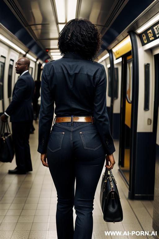 ebony mature woman, vintage dark-blue mom jeans, pear ass, golden belt oxfords - #main