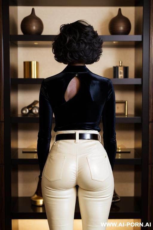 ebony mature woman, cream leather pants, pear ass, golden belt, oxford shoes - #main