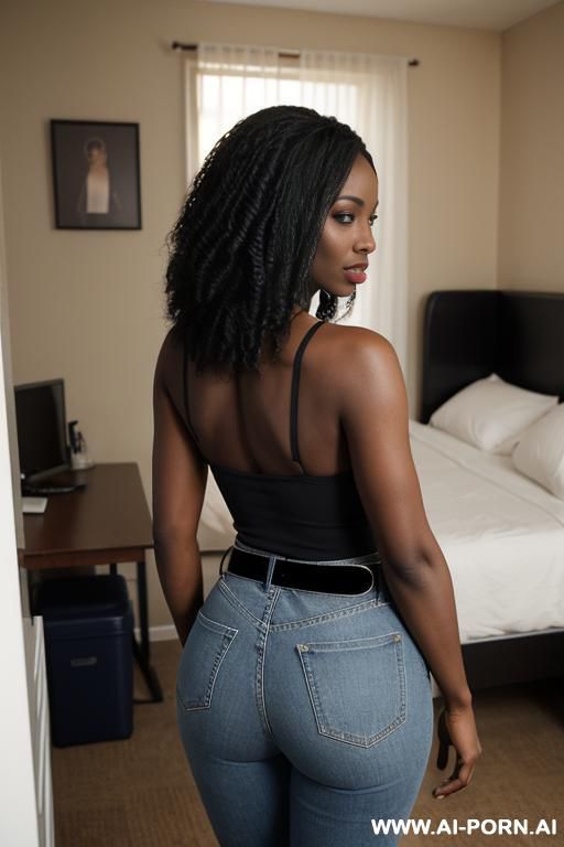 ebony, vintage dark-blue mom jeans, round ass, golden belt, clogs - #main