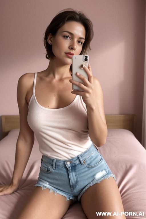 a bedroom selfie of an ordinary german woman. she is barefoot, wearing a white tank top and denim shorts, with short messy brown hair. natural skin with realistic textures and imperfections, no - #main