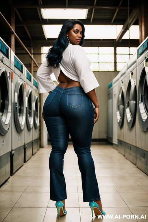ebony, flared blue jeans, round ass, oxford shoes - #main