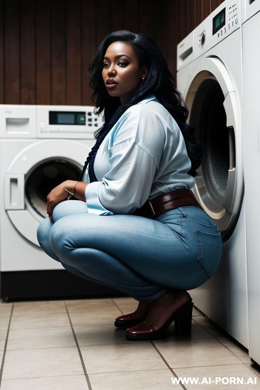 ebony, flared blue jeans, round ass, leather belt, oxford shoes - #main