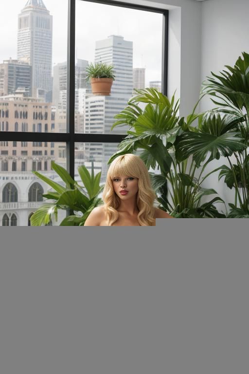 futuristic scifi big rounded room big windows glass wall curved wall tall room sexy female blonde bright thick fluffy wavy bangs hairs nude naked on puffy sofa palm traees flowers garden big - #main