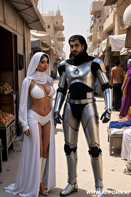 sci-fi arabian sheikh inspects a pudgy naked sci-fi female with shaved vagina and saggy tits in a arab sci-fi street market - #main