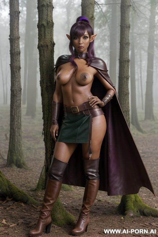elf, rouge, beauty face, horny face, dark skin, tanned skin, green eyes, violet hair, ponytail, bangs, topless, nude boobs, natural boobs, leather armour, skirt, boots, cape, forest, foggy - #main