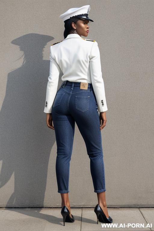 ebony mature voman, vintage blue mom jeans, pear ass, white blazer, oxford shoes, police cap - #main