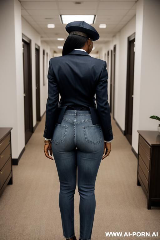 ebony mature voman, vintage blue mom jeans, pear ass, white blazer, oxford shoes, leather police cap - #main