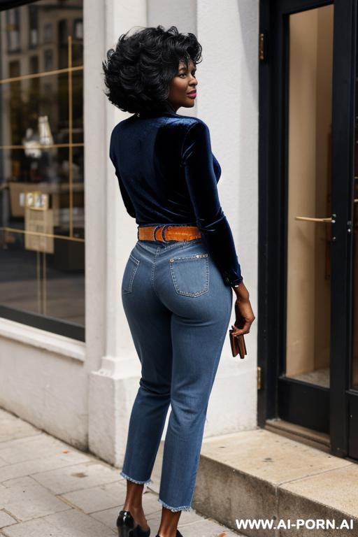 ebony mature woman, vintage blue mom jeans, pear ass, golden belt, oxford shoes, full body shot - #main