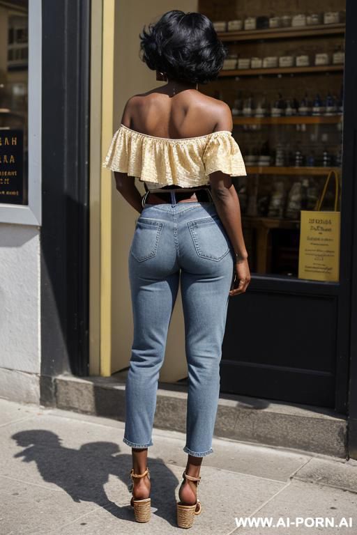 ebony mature woman, vintage blue mom jeans, pear ass, golden belt, crocs sandals - #main