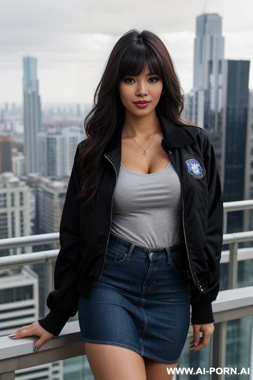 female sexy hooker pornstar long legs in black tight sport tshirt cleavage busty in tattered jeans barelegs in red sport shoes stand on roof top in big city blue glass big buildings many - #main