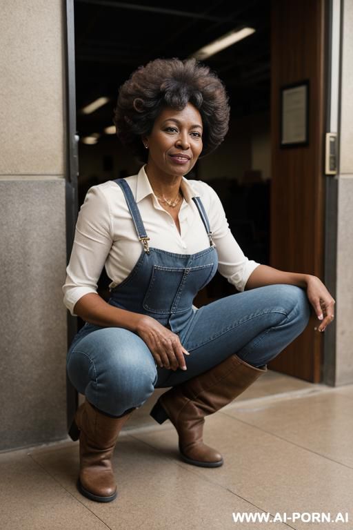 ebony mature, vintage blue mom jeans, pear ass, suspenders, tan top, brown riding flats boots - #main