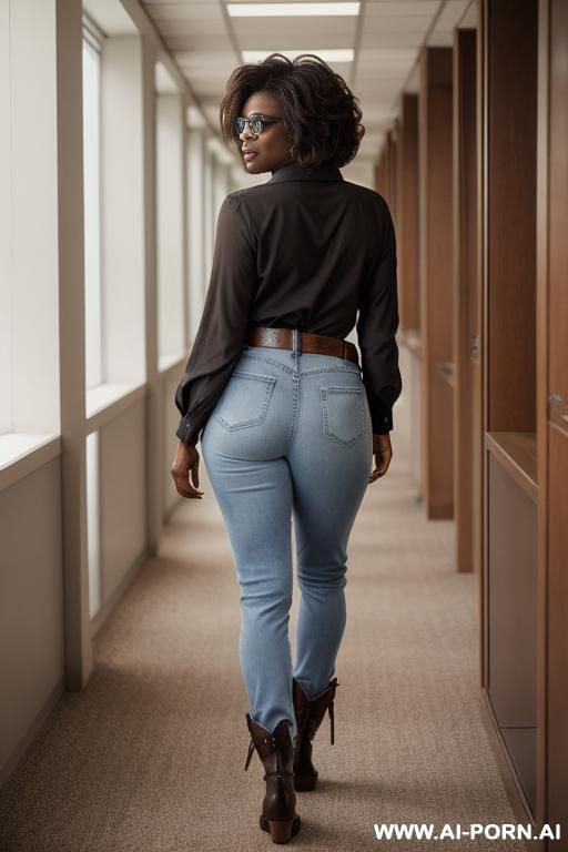 ebony mature, cat-eye glasses, vintage blue mom jeans, pear ass, brown belt, white blouze, brown riding flats boots - #main