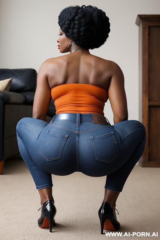 ebony, vintage flared blue jeans, round ass, leather belt, orange top, oxford shoes, afro hairstyle, from behind shot - #main