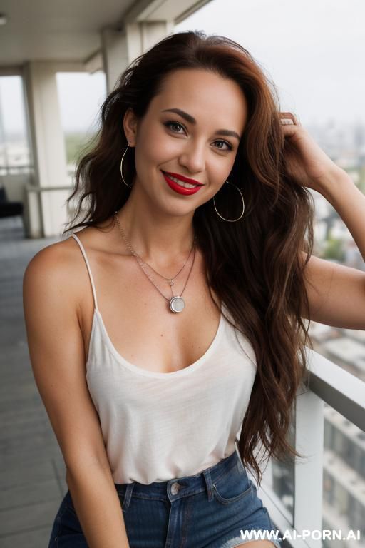 low rise jeans, white t-shirt, short messy ponytail, big brown eyes, a cup breasts with pointy nipples - #main
