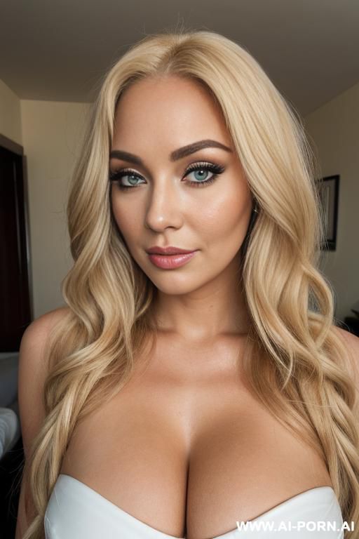 a gorgeous, applying eyebrow makeup. wearing bandeau , she has a round face, long crimped hair, gigantic boobs, eye contact; the view is from eye level and in front. - #main