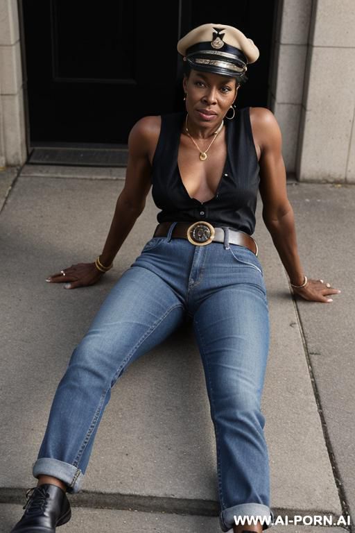 ebony mature woman, blue jeans, pear ass, leather belt, oxford shoes, leather black army cap - #main