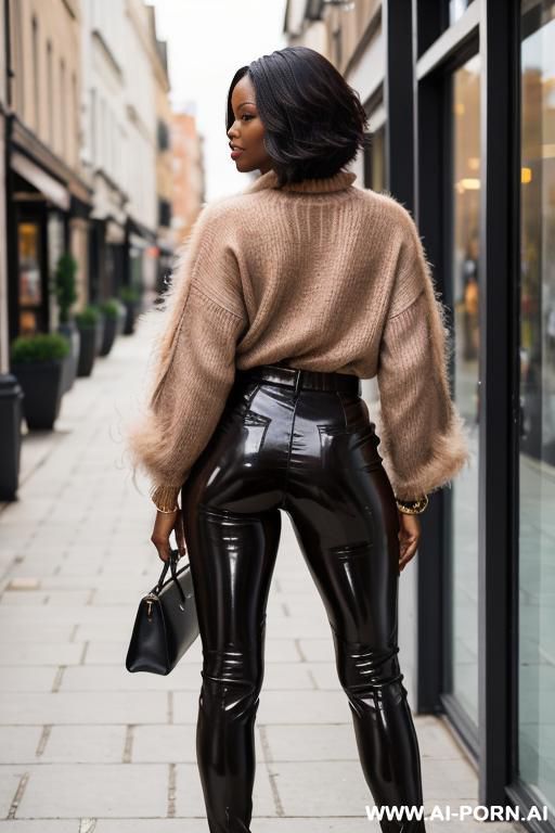 ebony mature woman, straight ligh-brown leather pants, pear ass, oxford shoes - #main