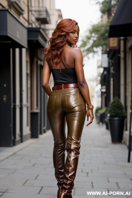 ebony mature woman, khaki leather pants, pear ass, belt, burdy riding flats long boots - #main