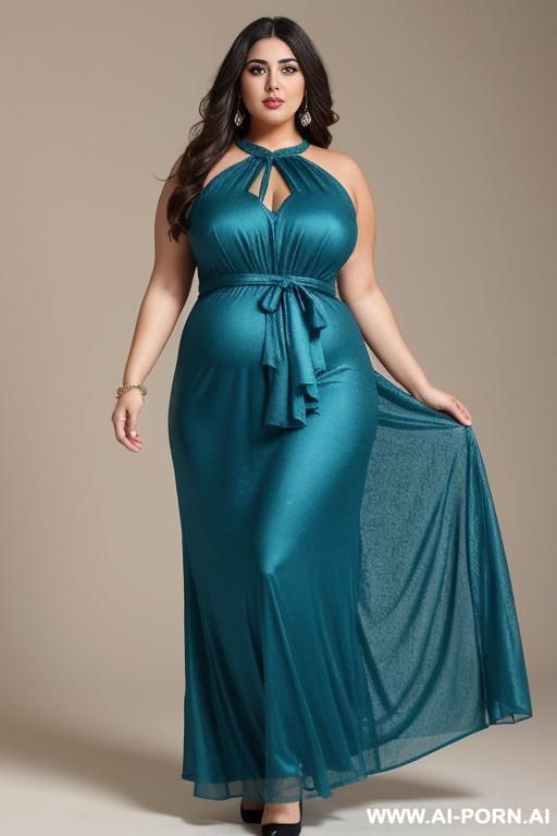 very chubby belly pretty arab woman wearing long dress - #main
