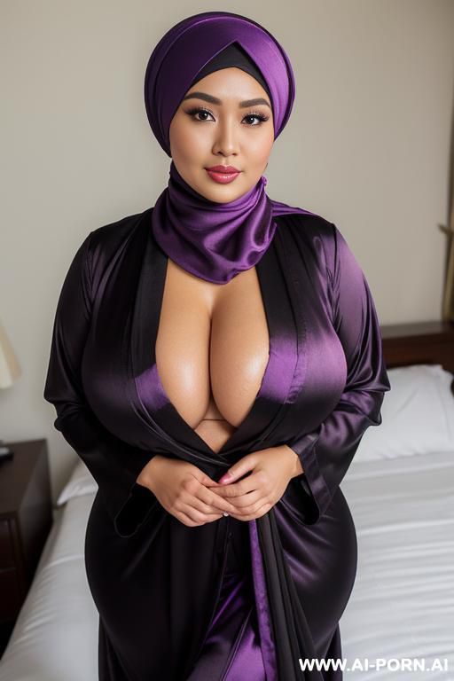 milf, voluptuous body figure, indonesian, sunda ethnicity, light olive skin, black pashmina style jilbab, wearing stylish pashmina jilbab, wearing purple satin robe. fully clothed, no cleavage, covered. modesty. natural massive saggy breast. - #main