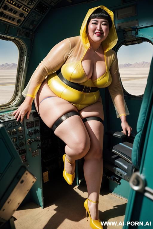 an atompunk sci-fi fat woman with yellow transparent sheer hood, wearable sensors and wearable sci-fi systems. she is jumping. - #main