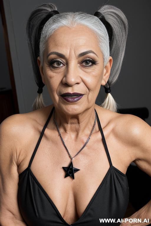 very old latina granny with sagging tits and wrinkles completely totally naked wearing black lipstick, black eyeliner, black pentagram necklace, platform stripper heels posing like a cheap slut in divine celestial space universe - #main