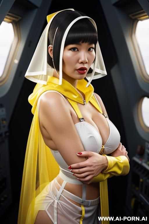 an atompunk sci-fi fat woman with yellow transparent sheer hood, wearable sensors and wearable sci-fi systems. she is drunk. - #main