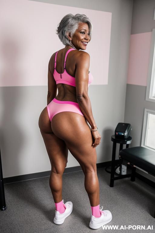 ebony granny, pretty face, round ass, pink shiny g-string , sneakers, socks, wristbands - #main