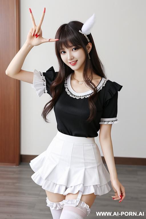 (korean idol) (bangs) (long messy hair) (frilled white stockings) (frulled skirt) (peace sign) - #main