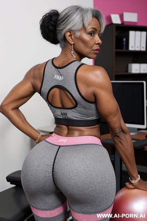 ebony granny, pretty face, round ass, shiny pink granny panties, sneakers, socks, wristbands - #main