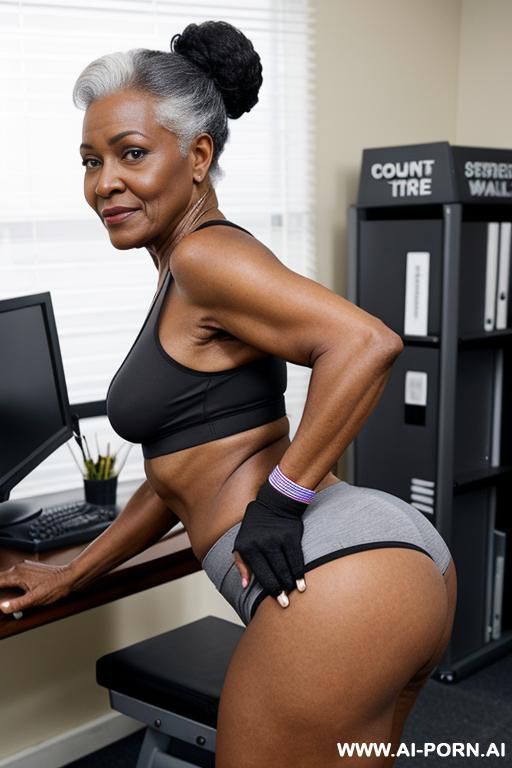 ebony granny, pretty face, round ass, granny panties, sneakers, socks, wristbands - #main