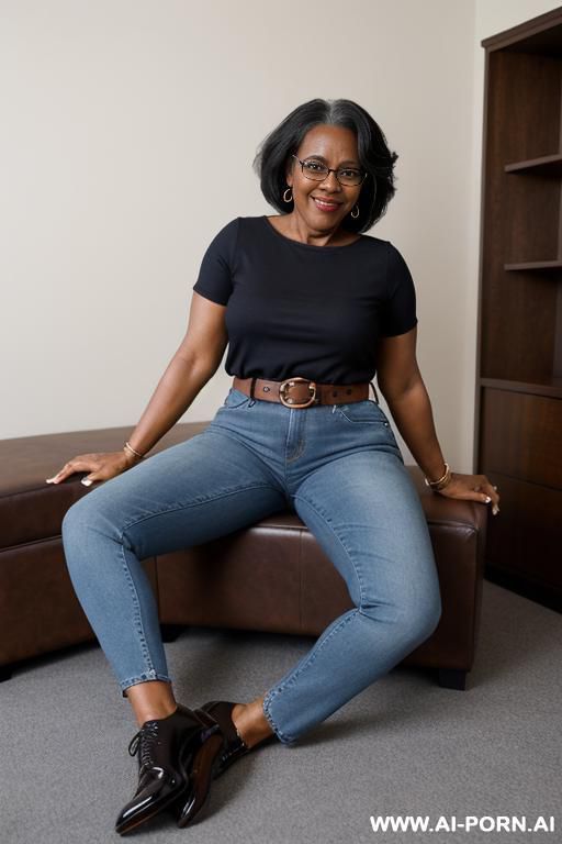ebony granny, pretty face, round ass, vintage straight dark-blue jeans, leather belt, oxford shoes, glasses with frames, keep face - #main